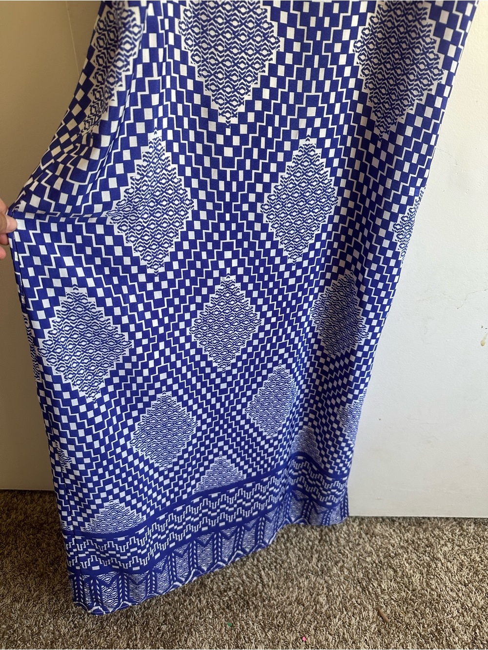 Everly Blue & White Geometric Spaghetti-Strap Maxi Dress - Picture 3 of 13